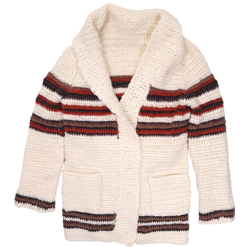 Vintage Handmade Crochet Striped Cardigan Shawl Collar Pockets Cream Brown Rust